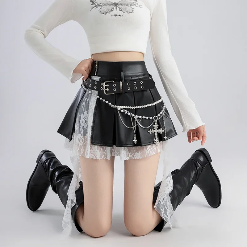 

Sweet Hot Girl Black Lace PU Mini Skirt Female Autumn Patchwork A-line Pleated Short Skirt Fashion Female Clothes