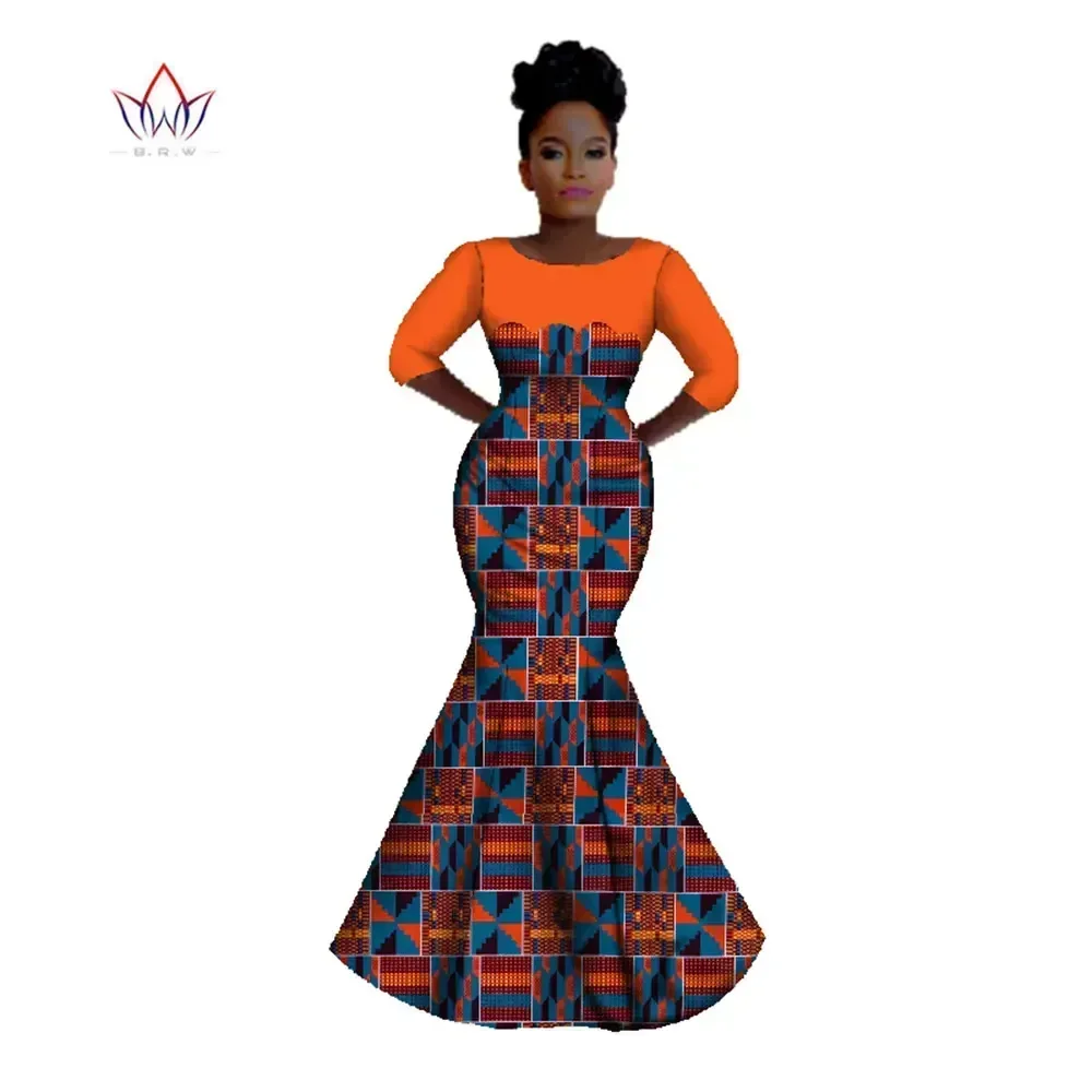 Bintarealwax Bazin Riche African Wax Print Dress Long Maxi Dresses Dashiki Plus Size 6XL Africa Style Odzież dla kobiet WY342