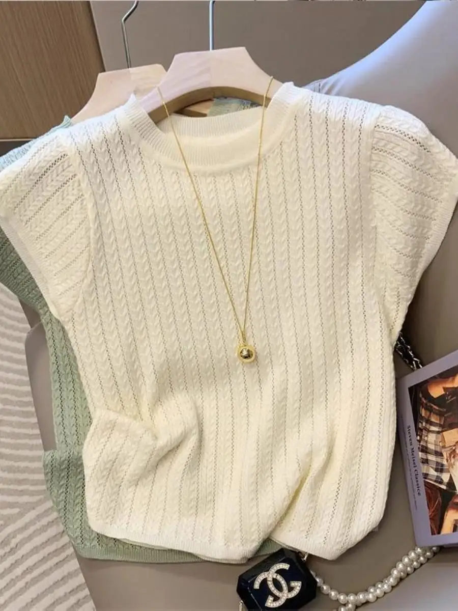 夏の新作-レディース-ラウンドネック-アイスシルクニット-半袖tシャツ-薄手3点セット-優しいトップス-アイスシルクニットウェア