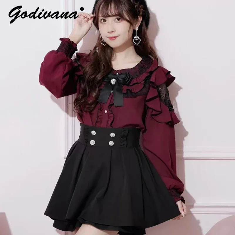 Japanese Blouse Women Top Elegant Lace Ruffles Off Shoulder Sweet Bow Mine  Spring Autumn New Long Sleeve Shirt JK Girl Camisas