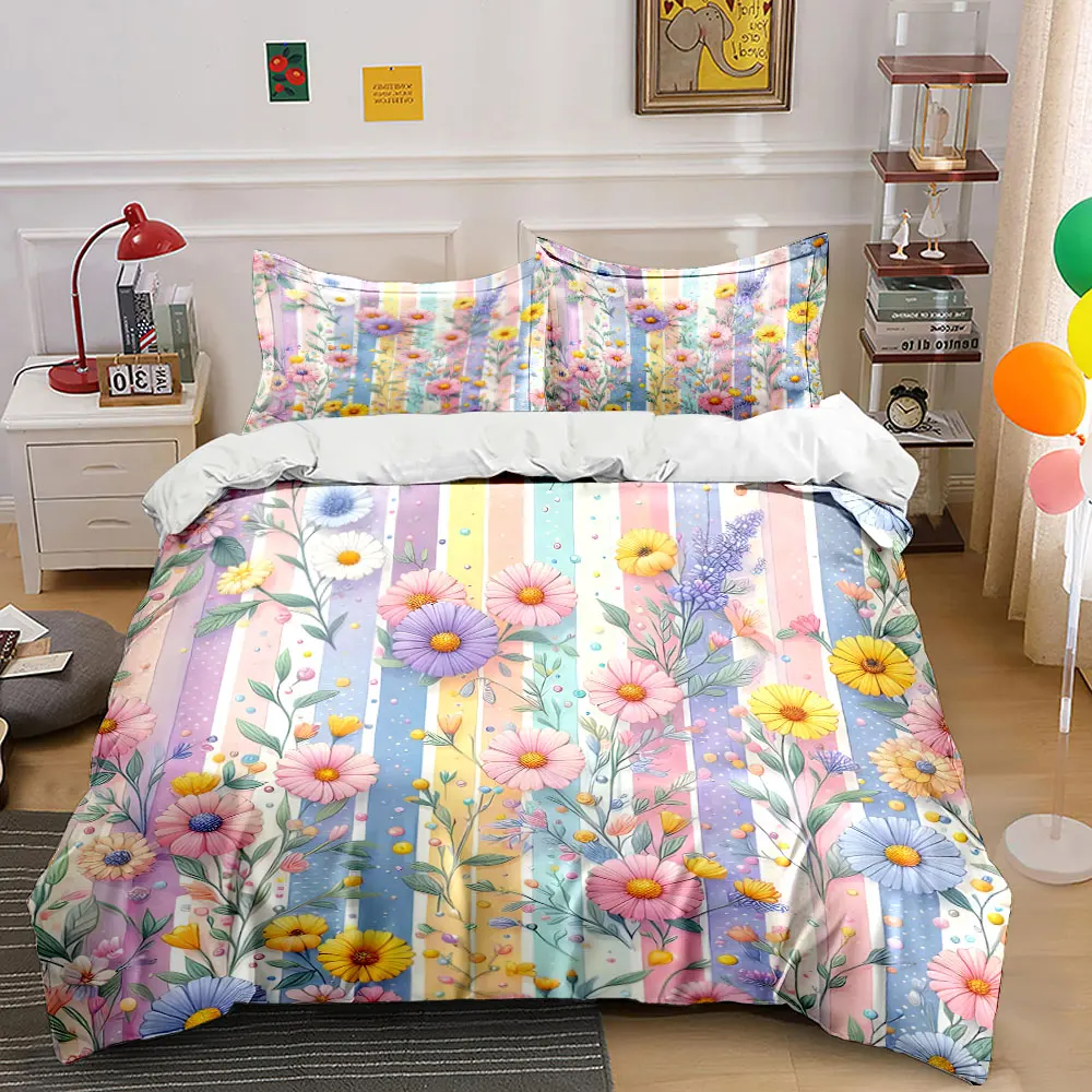 

Colorful stripes with hand-drawn flowers Print Soft Comfortable Duvet Cover Bedding Set Included 1*Duvet Cover 2*Pillowcases
