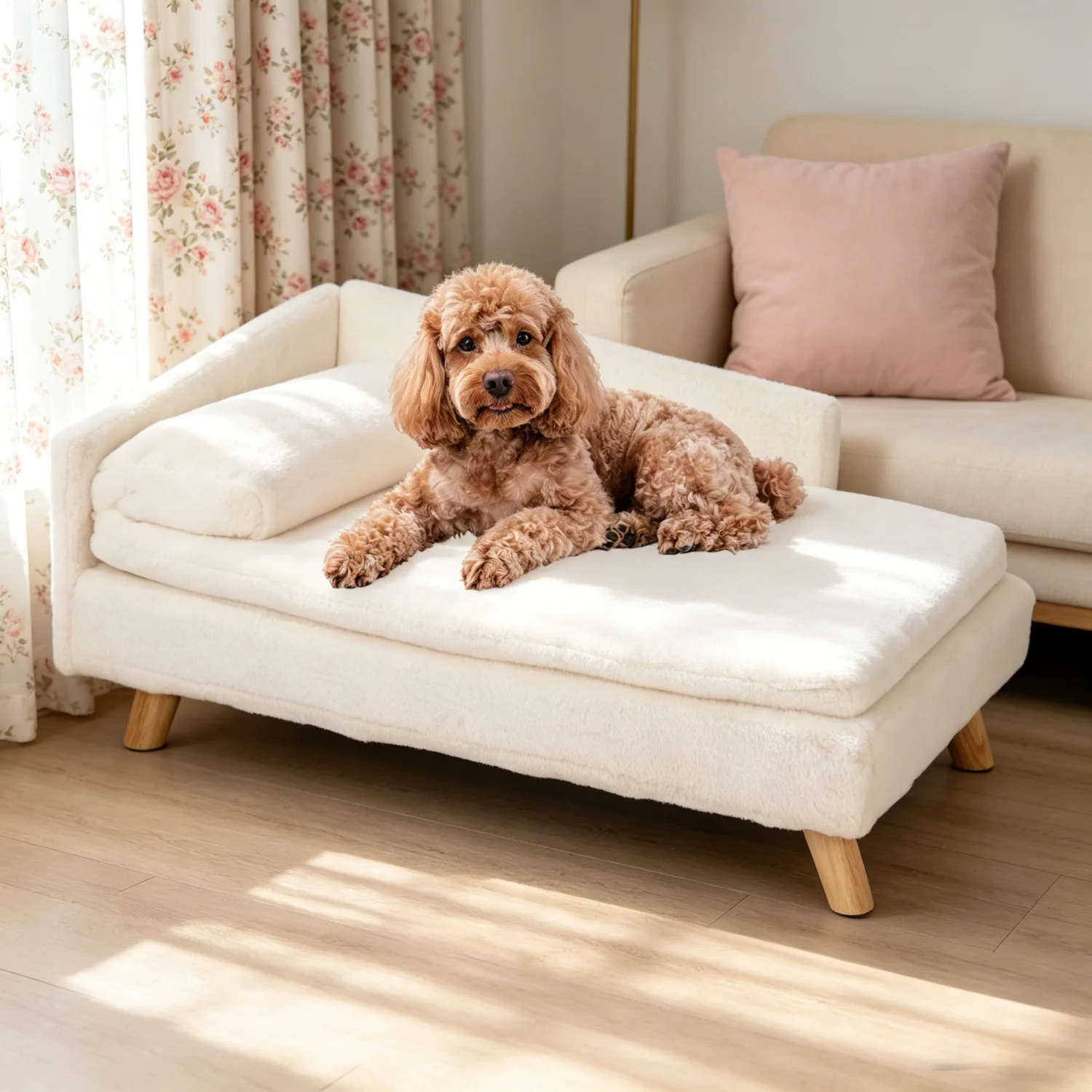Lit surélevé pour animaux de compagnie avec pieds en bois massif, canapé pour chien et chat pour l'intérieur, canapé en forme de L en peluche avec coussin moelleux
