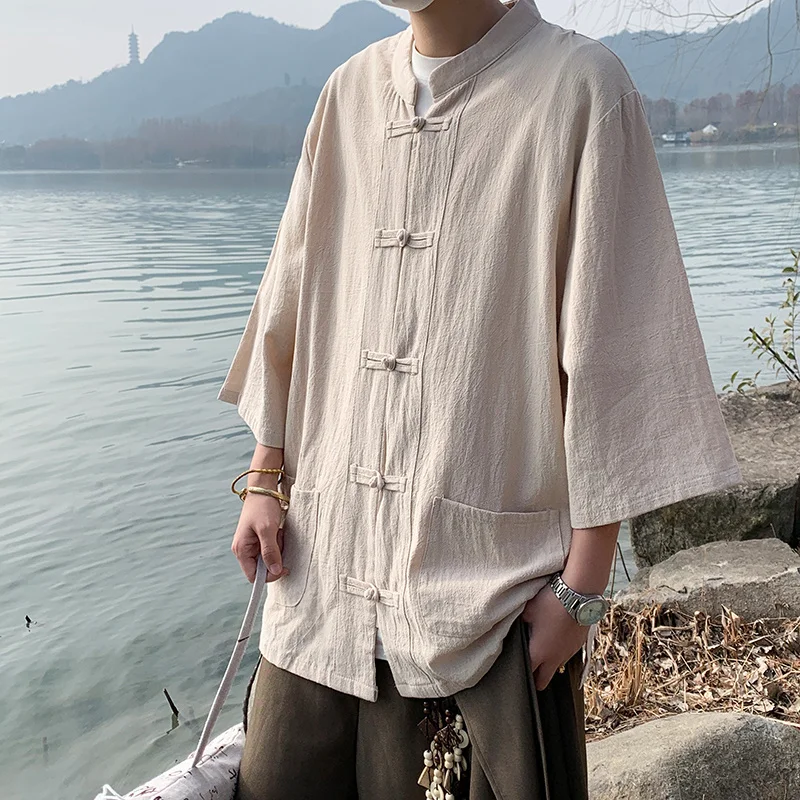 

Tang Suit Chinese Style Shirts for Man Fashion Summer Short Sleeve Imitation Linen Shirts Men Stand Collar Bamboo Embossing Tops
