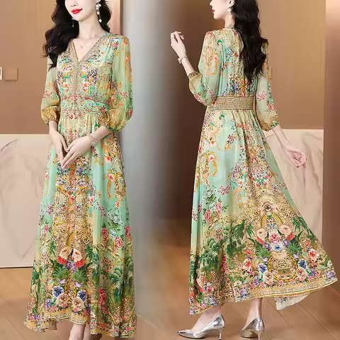 Summer 2025 Luxury Silk Diamonds Maxi Dress Women's Vintage Print Elegant Evening Prom Dress Spring Holiday Boho Hepburn Vestido