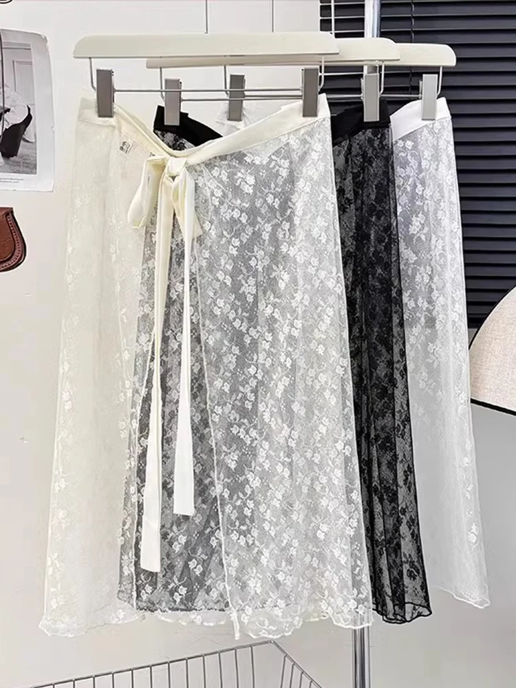 Dongdaemun Lace Half Skirt Women's Frock over Apron One-piece Belted Mesh Skirt Curtain Long Skirt Cover High Waist A-line Mi...