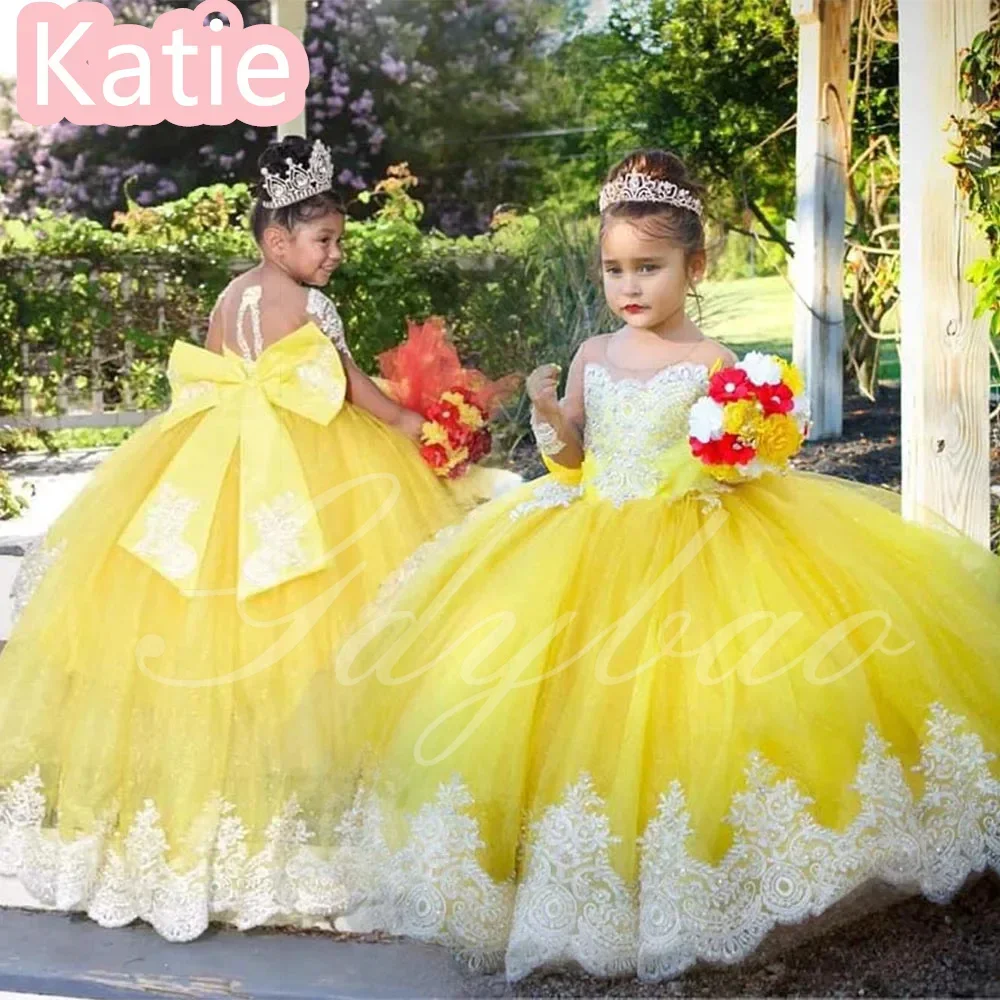 فستان فتاة الزهور منتفخ من التول الأبيض لحفلات الزفاف مع فيونكة مخصصة لحفلات أعياد الميلاد للأميرة للأطفال #4