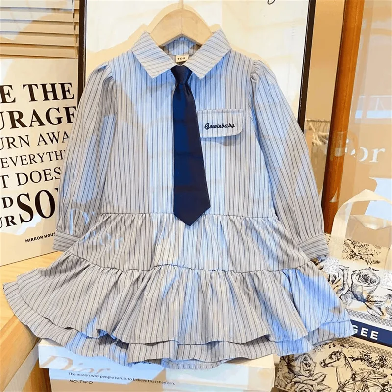 

Baby Girls Dress Fashion Preppy Style Striped Long-sleeved Shirt Dress 2025 Spring Autumn New Korean Style Kids Dress