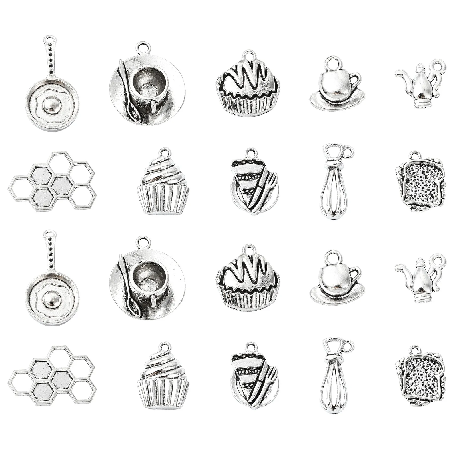 

100Pcs 10 Styles Tibetan Breskfast Charms Antique Silver Baking Tool Charms Coffee Mug Cupcake Charms for Jewelry Making DIY