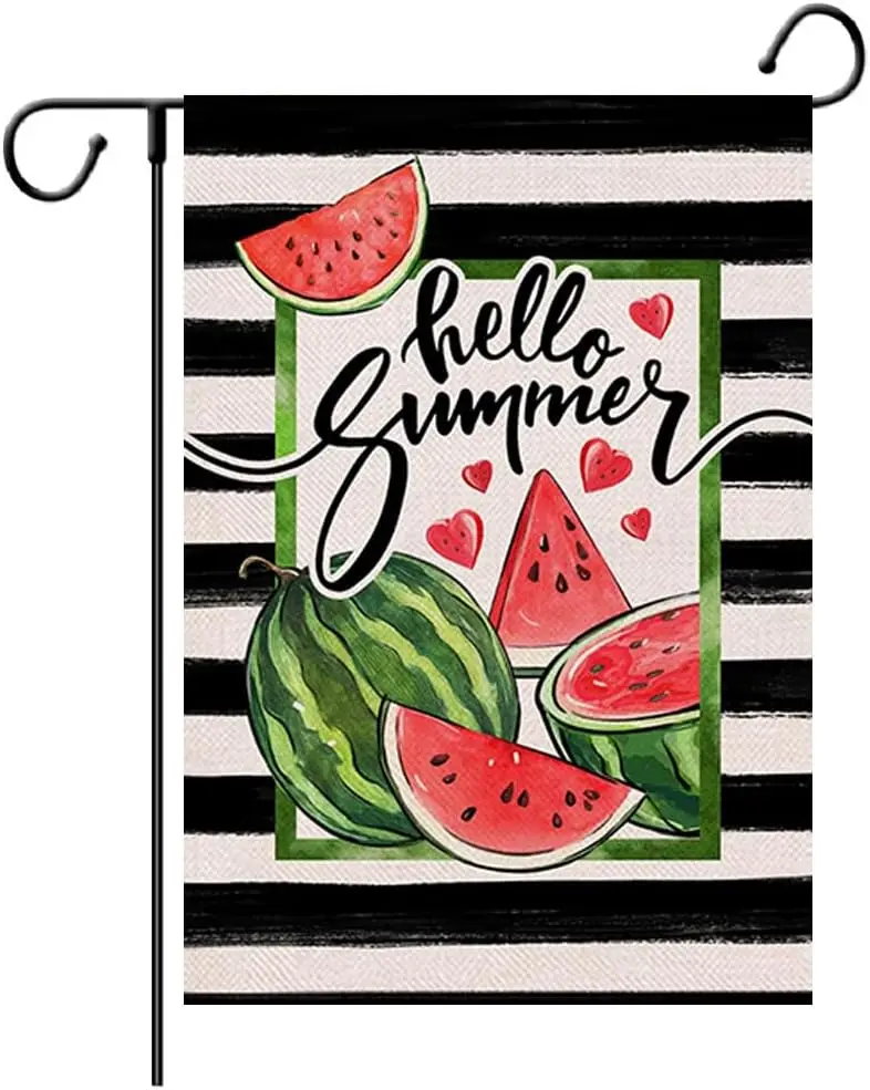 Hello Summer Watermelon Garden Flag 12.5 x 18 Inch Watercolor Stripes Vertical Double Sided Burlap Flag for Farmhouse Yard O jjp