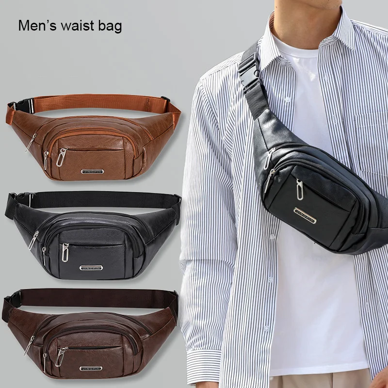 Men\'s PU Leather Waist Bag Multi-Functional Single Shoulder Cross Body Under Arm Chest Bag Business Leisure Sports Waterproof