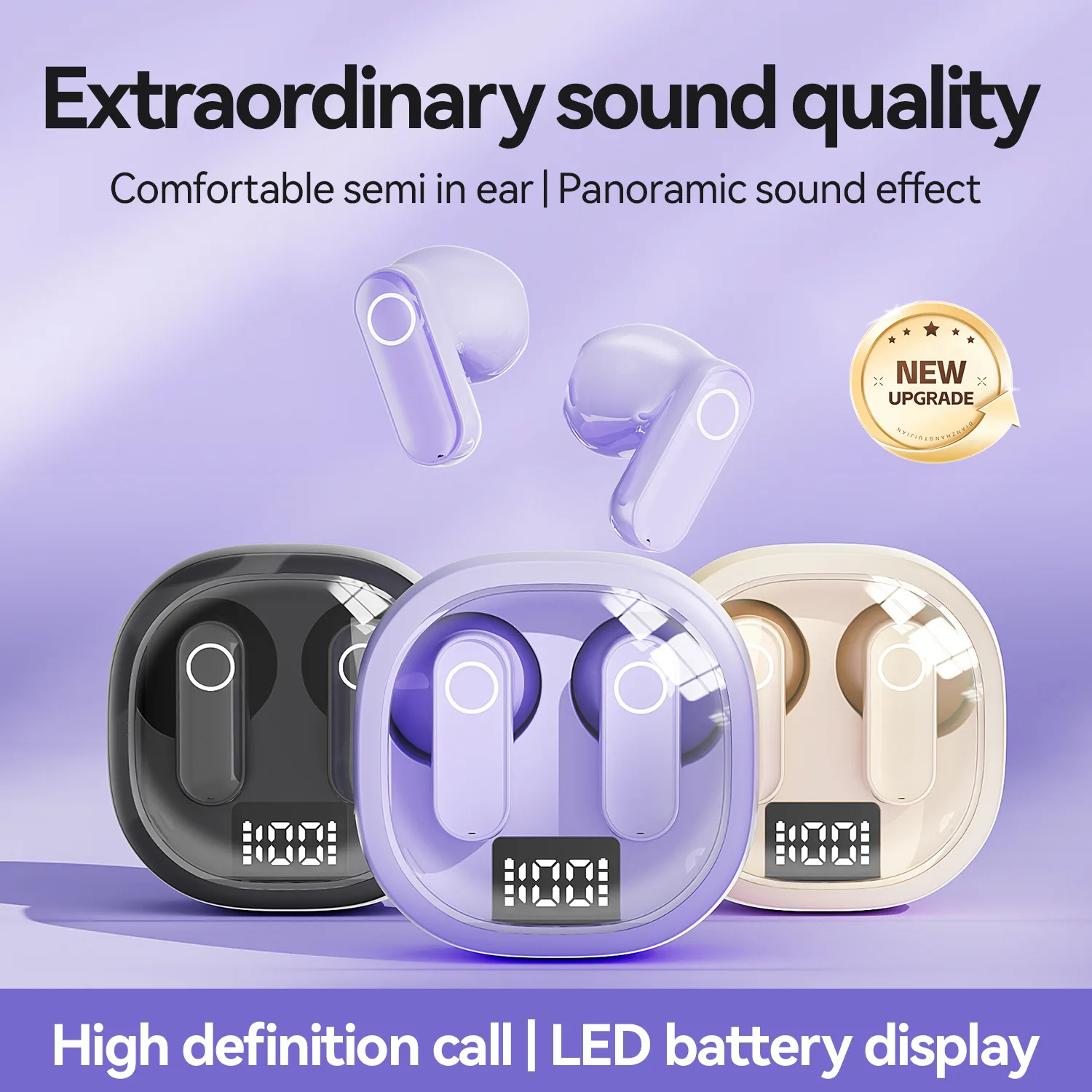 New semi in ear wireless Bluetooth earphones with high aesthetic value, digital display, transparent charging case