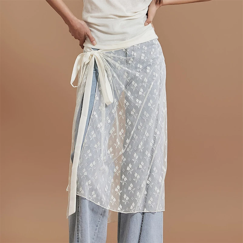 Women Y2k Lace Skirts Cover Up Floral Lace Sheer Mesh Extender Layering Half Slipt Skirt Tie-Up Sarong Wrap Skirts Matching Pant