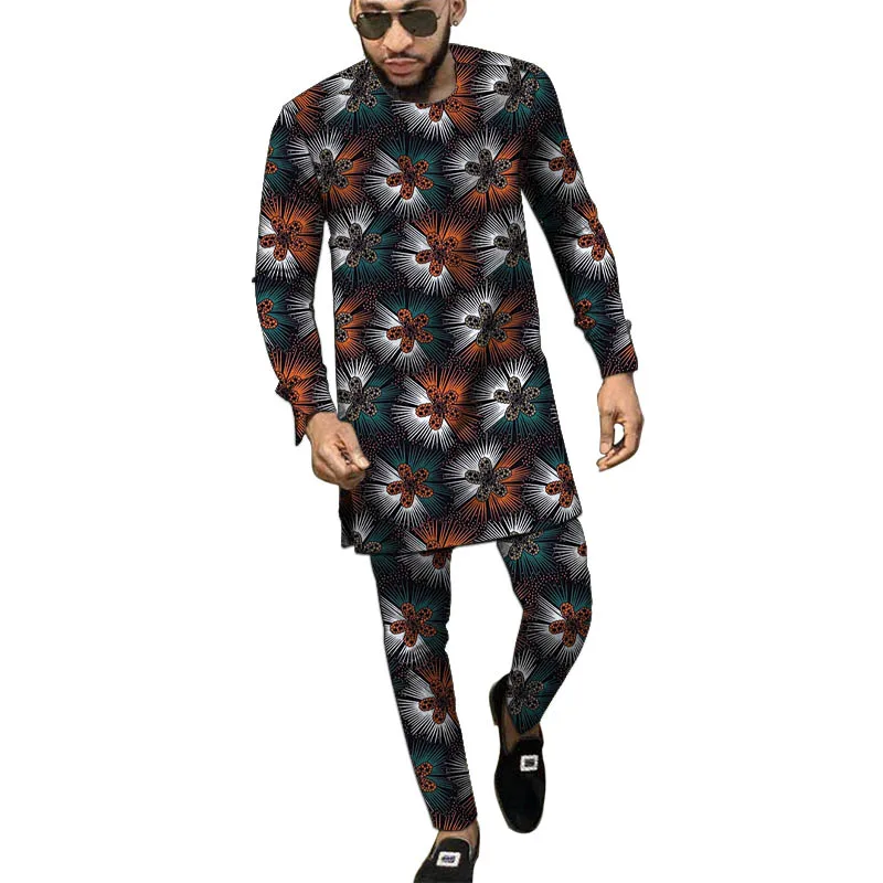 طقم ملابس رجالية أفريقية بأكمام طويلة مع بنطلون نيجيري موضة شمع طباعة ملابس حفلات الزفاف للرجال #5