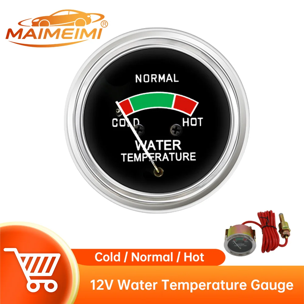 52mm Chrome Bezel Water Temp Meter with Sensor Probe Cold Normal Hot Color Indicator Mechanical Water Temperature Gauge