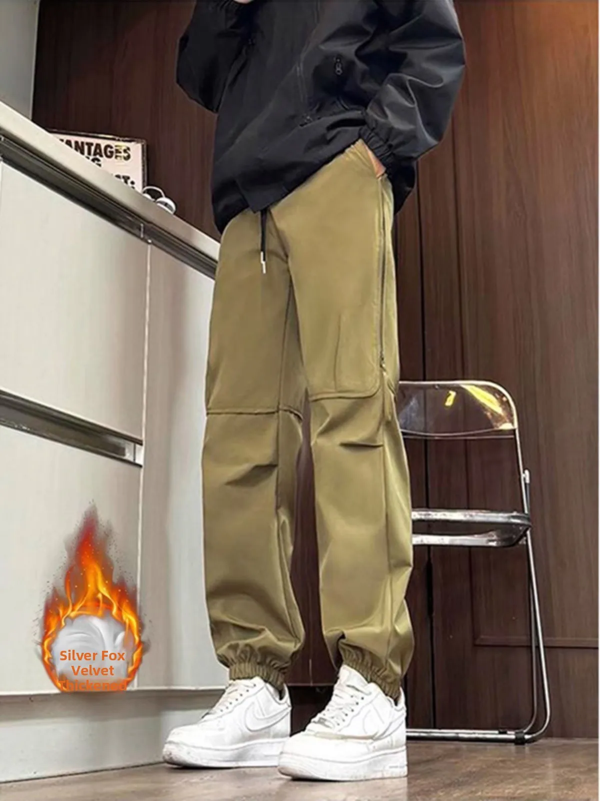 

Khaki Tee-Proof Winter Thiened Fce Lined Men's Skiing Trousers Straight Leg Workwear Pants Youthful Casual Faion