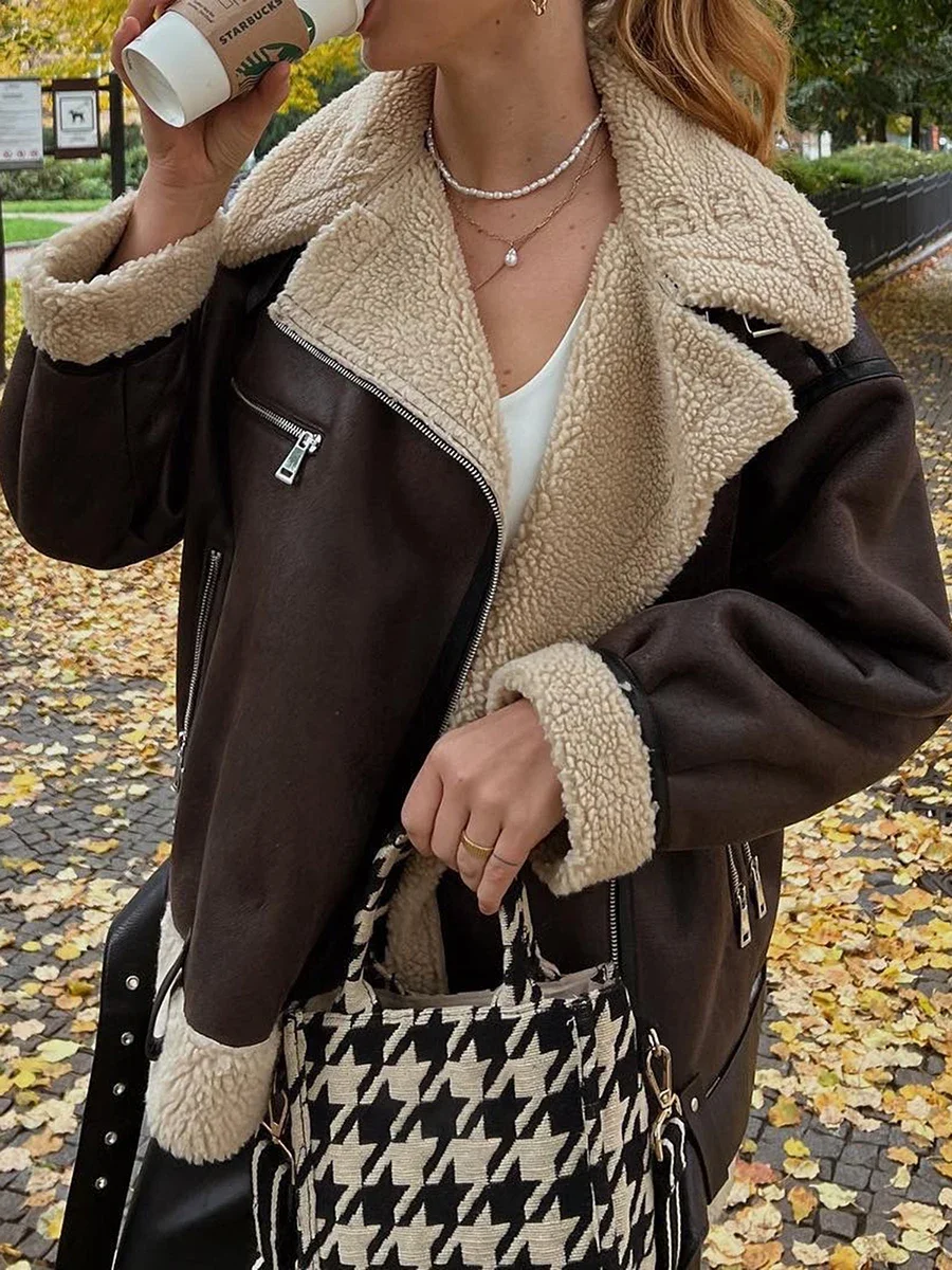 

Women Faux Lamb Fur Leather Short Jacket Lapel Zipper Bomber Outwear Faux Suede Lapel Coat Warm Biker Motor Aviator Coat