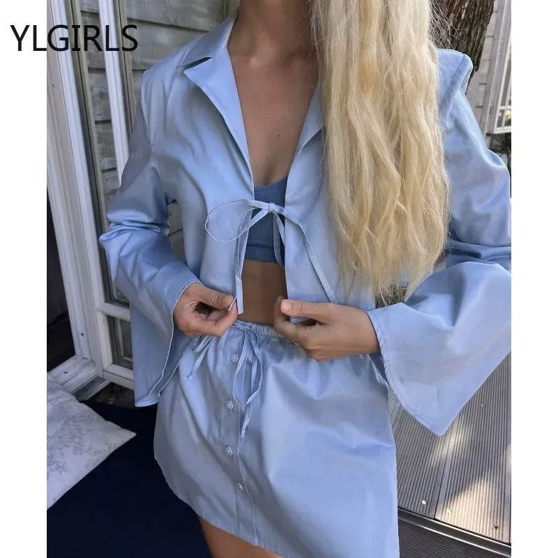 2024 Summer Blue Bow Lace Up Women Loose Shirt Sets Flare Sleeve V Neck Female Crop Top A Line Short Mini Skirt Suits