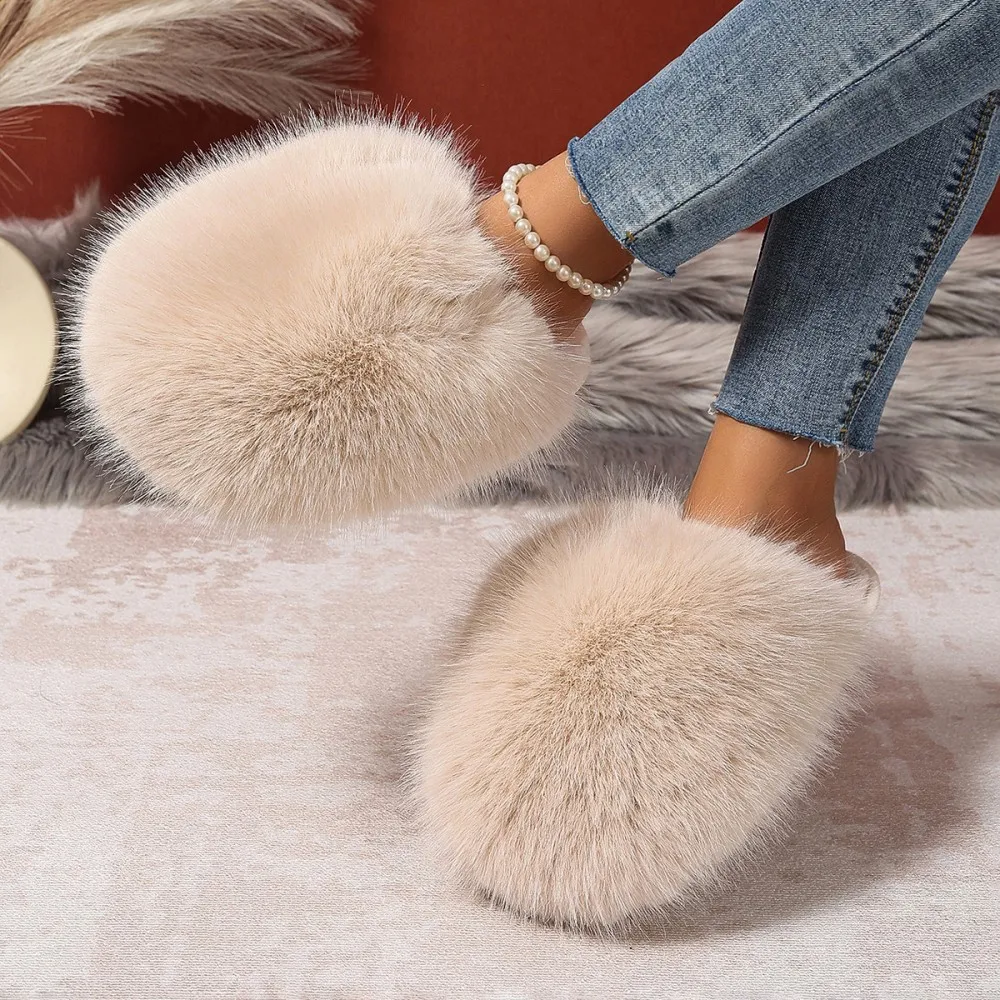 Winterfellige Damen-Hausschuhe, bequeme Flip-Flops, flache Pantoffeln, Indoor-Schlafzimmer-Plüschschuhe für Damen – Detail 16