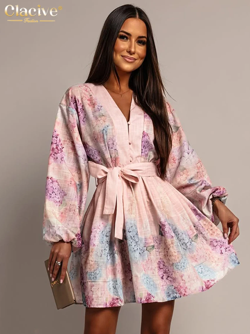

Clacive Fashion Loose Print Women's Dress 2025 Casual V-Neck Puff Sleeve Mini Dresses Elegant Classic Lace-Up Female Dress