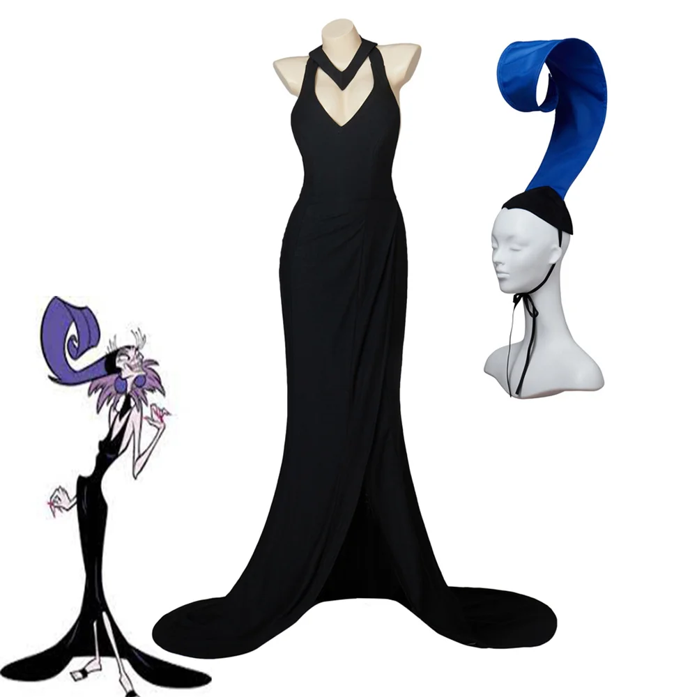 Anime Yzma Cosplay Costume Women Sexy Black Halter-neck Backless Sleeveless Slim Slit Long Dress with Hat Halloween Gown