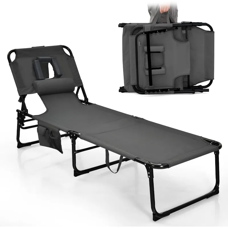 Silla de salón de Patio ajustable plegable con orificio para la cara, almohada extraíble, correa de transporte, silla portátil para tomar el sol al