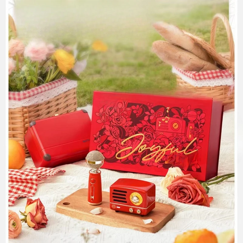 

Speaker, radio, microphone, bluetooth speaker, red, double wheat, singing gift box.