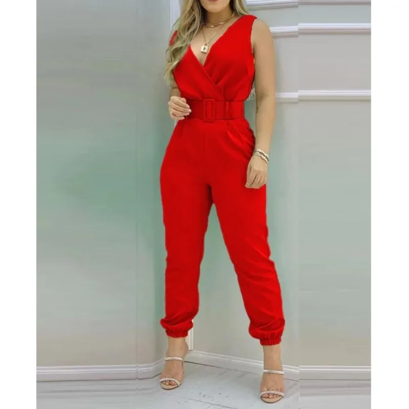 Summer Women Print Jumpsuit Elegant Office Lady Sexy V-neck Sleeveless Belt Vest Jumpsuit New Fashion Casual Streetwear Jumpsuit