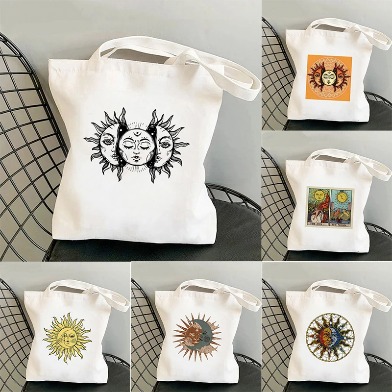 

Kawaii Women Shopper Bags Sun and Moon Printed Bag Harajuku Shopping Canvas Shopper Bags Girl Handbag Tote Shoulder Lady Bag
