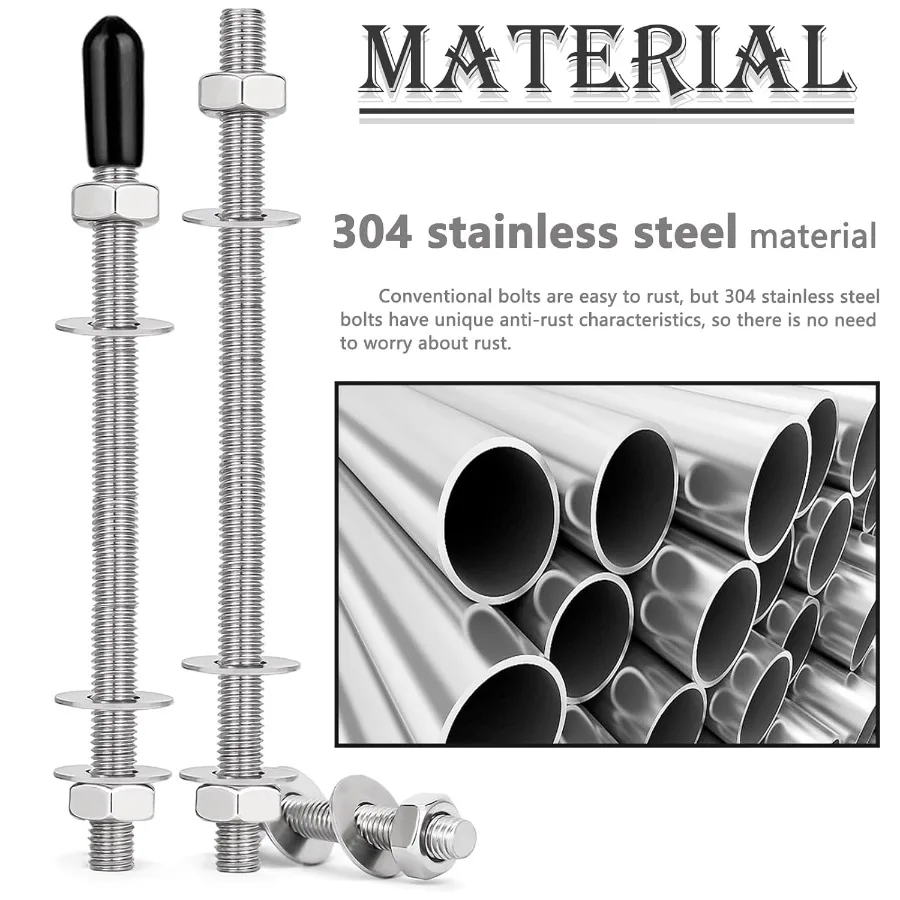 2 قطعة 1 420 قضيب ملولب بالكامل 12 "304 برغي طويل من الفولاذ المقاوم للصدأ مع صواميل قفل وغسالة مسطحة وأغطية نهاية مطاطية لـ Ah #3