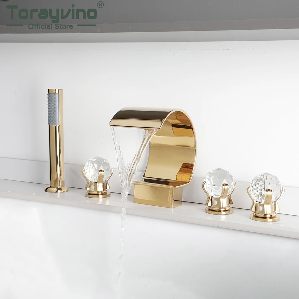 

Torayvino Luxury Bathtub Faucet Set Gold Polished Handheld Shower Deck Mounted Torneira Widespread Tub Showers Mixer Water Tap