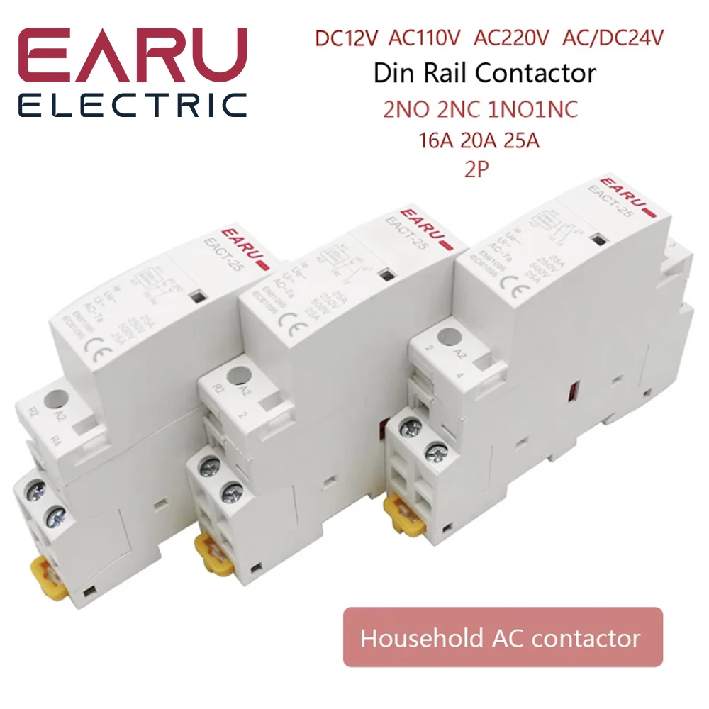 2P AC 220V 230V 16A/20A/25A/ 1NO/1NC 2NO/2NC 50/60Hz Din Rail Mounted Household Modular AC Contactor for Smart Home House Hotel