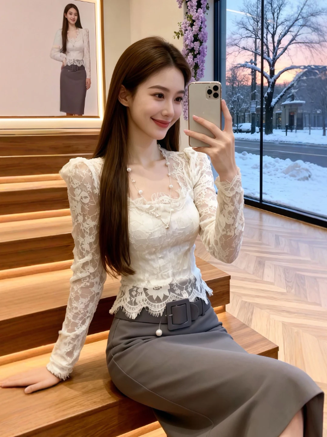 

Уникальная женская модная блузка из кружева с квадратным вырезом и длинными рукавами, приталенная, весна 2026, нежный стиль