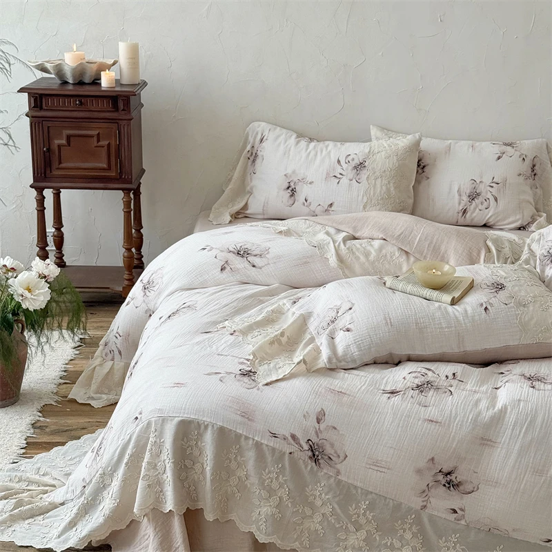 Vintage Flowers Lace Ruffles Bedding Set Double Layer Yarn 100% Cotton Duvet Cover Set Pillowcases Flat/Fitted Bed Sheet 4Pcs