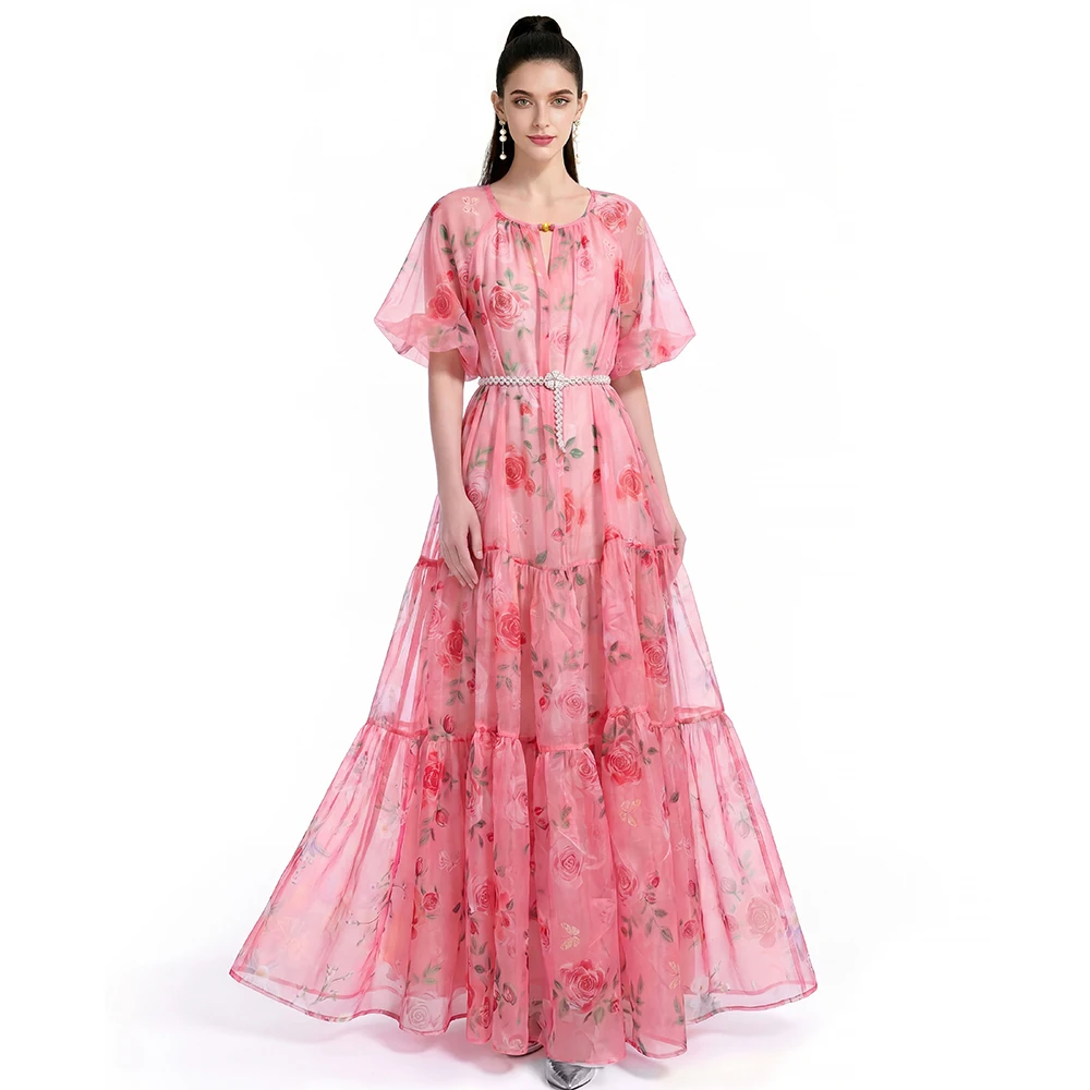 

2026 New Pink Rose Print Organza Maxi Dress Women Flare Sleeve Tiered Ruffle Long Dress with Beaded Belt Elegant Party Evening G