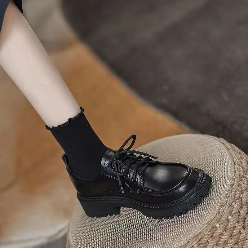 

2026 New Women's British Japanese JK Style Lace-Up Platform Loafers Mid-Heel Shoes for Spring Autumn Matching Skirt