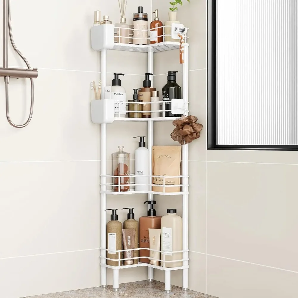 

Rustproof 4 Tier Floor Standing Corner Shower Caddy Organizer with Toothbrush Holder, Large Spacing Floor Shower Shelf Rack