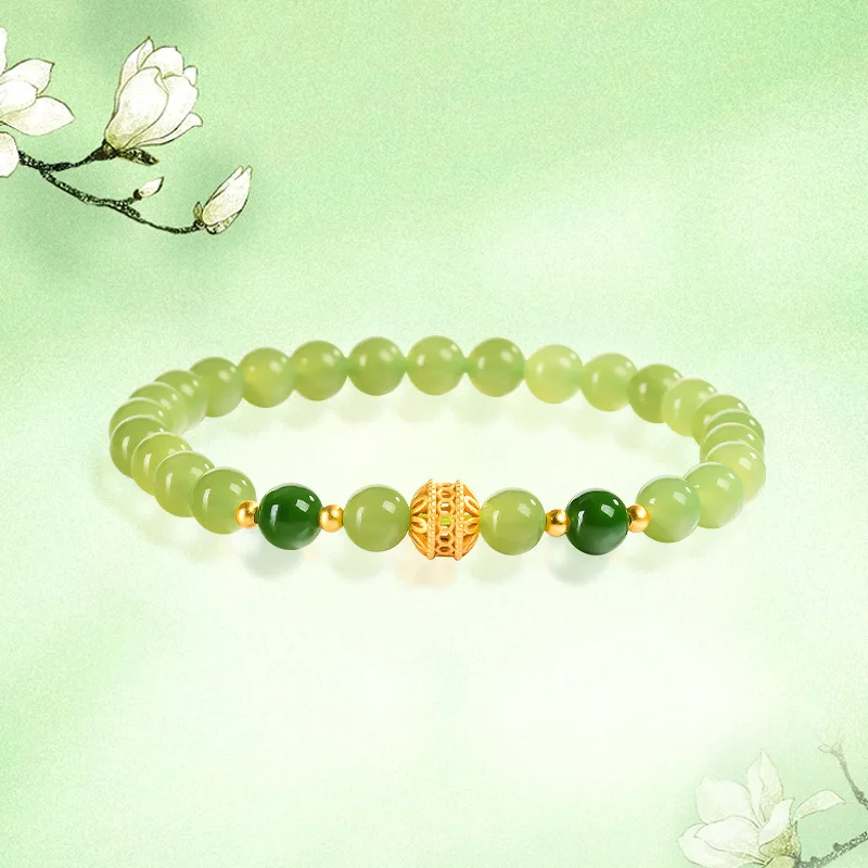 100% Natural Old Material Hotan Jade Jasper Round Bead Light Green Bracelet Jade Lady Antique Hand String Fashion Charm Jewelry