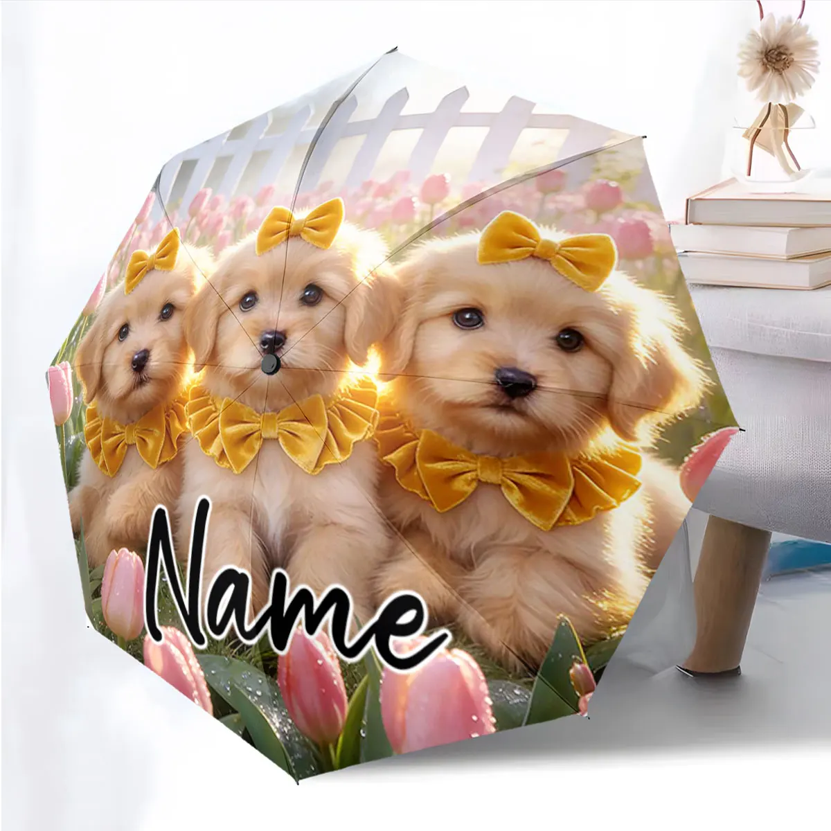 Custom Name Adorable Puppies with Yellow Bows Printed on Umbrella Print 8 Iron Ribs Folding Umbrella Auto-Open Fashion Sunshade