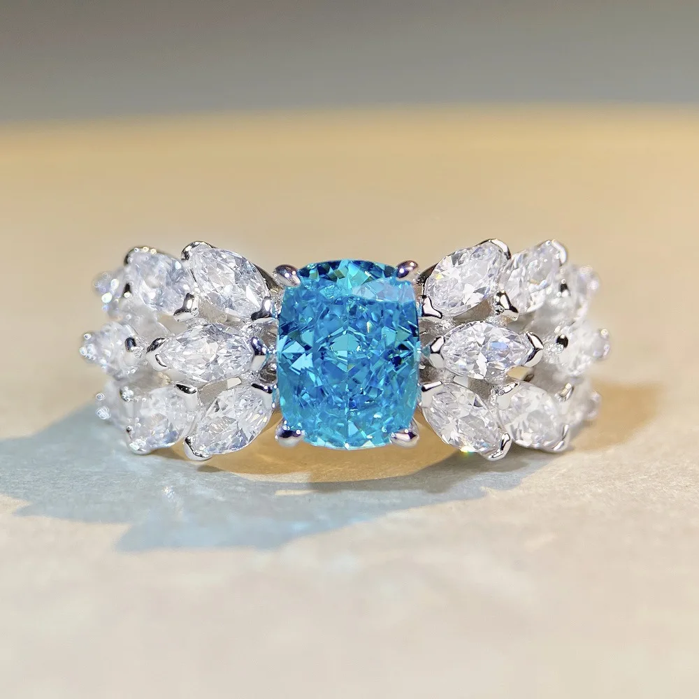 

S925 Sterling Silver Aquamarine Ring Ice Flower Cut Butterfly Zircon Full Diamond Silver Wings Ladies Luxury Jewelry Gift