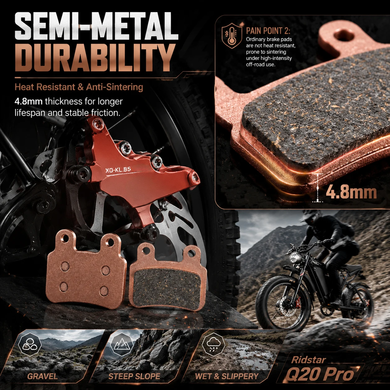 Ridstar Q20 Brake Pads Semi-Metallic for Q20 Pro H26 Pro YVY K20 K20 Pro C20 Max KTET XD-KL.BS