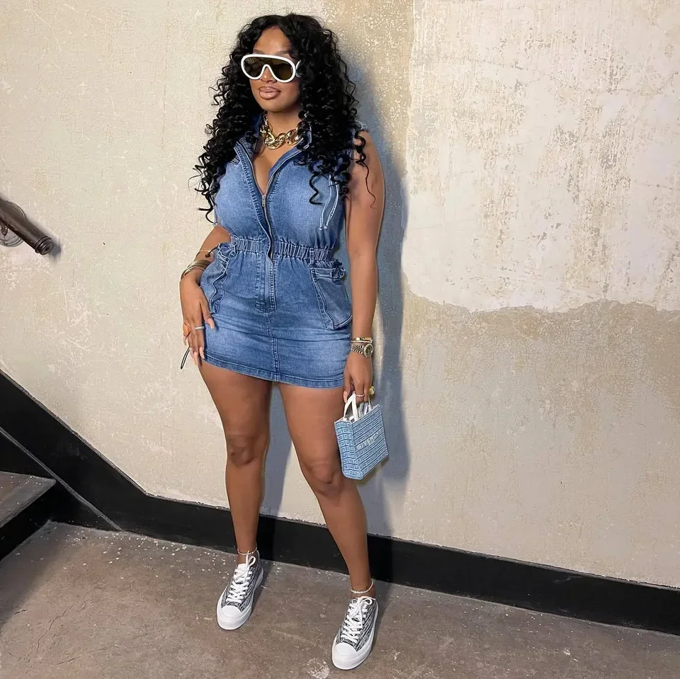 

Streetwear Jeans Skater Dress Sexy Women Turn Down Collar Bodycon Blue Denim Club Dress Vestidos