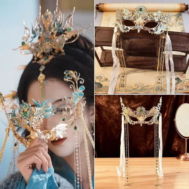 Vintage Chinese Style Masquerade Mask Women Luxury Metal Filigree Gem Pearl Long Tassel Chain Exquisite Party Cosplay Face Mask
