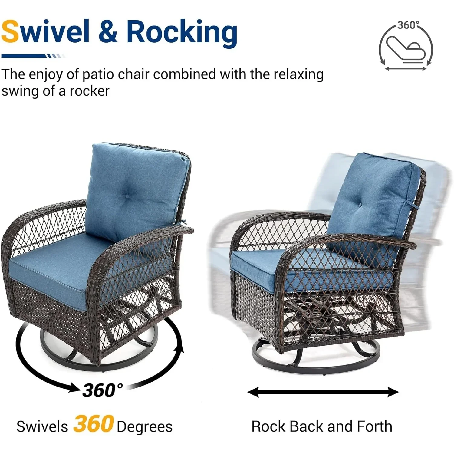 3 Pieces Patio Furniture Set, Outdoor Swivel Gliders Rocker, Glass Top Side Table and Thickened Cushions for Porch Deck Backyard