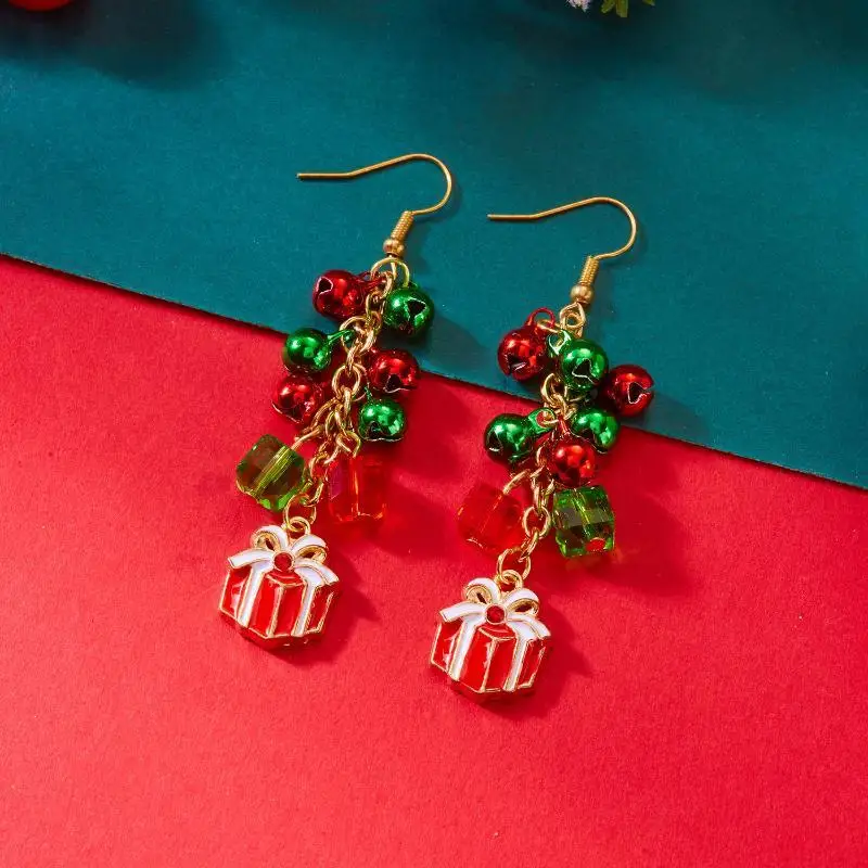 New Design Asymmetrical Snowflake Dangle Earring For Women Red Green Christmas Ball Bell Candy Cane Long Earring Holiday Jewelr