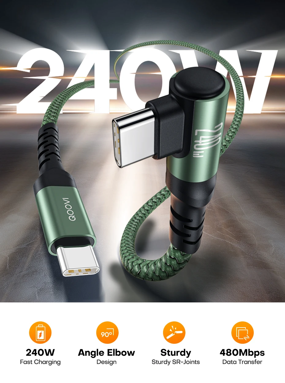 QOOVI PD240W Elbow Cable Ultra Fast Charging USB Type C Cable PD3.1 Quick Charge for Laptop Samsung Xiaomi iPhone 17 MacBook
