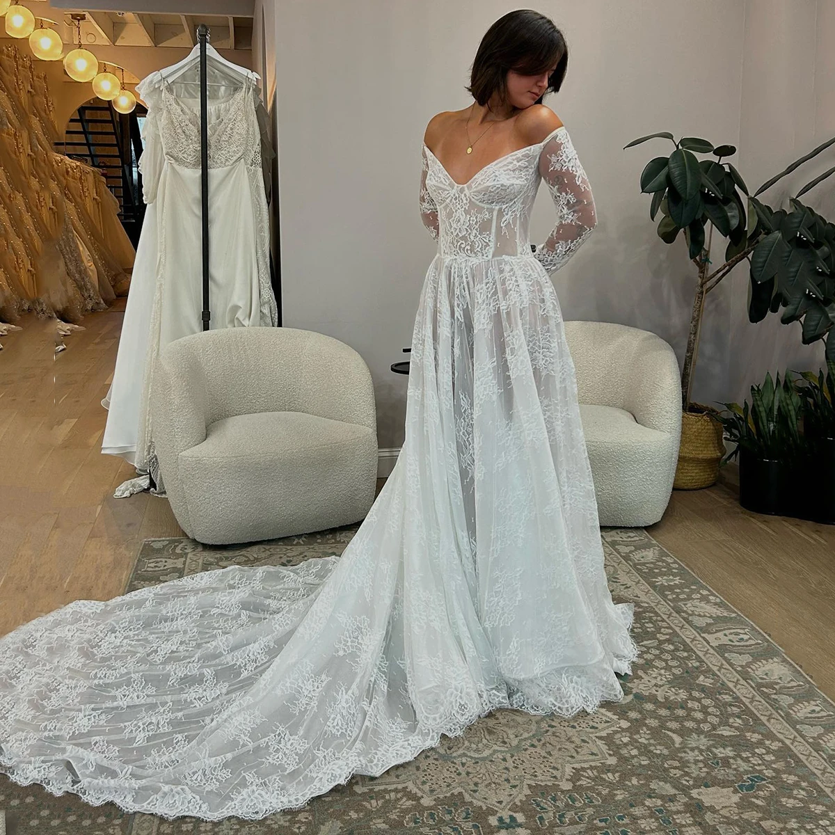 Allover Lace Romantic Long Sleeves Bridal Gowns Off Shoulder Customized Sheer Bodice Boned Corset Sweetheart Wedding Dress