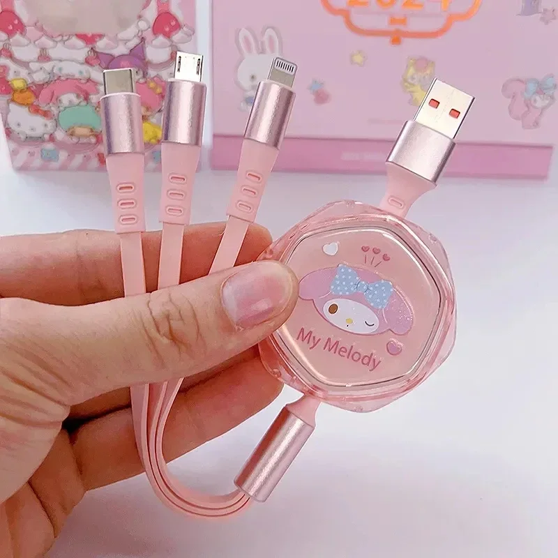 Hello Kitty 3 In 1 Fast Charging Cable Data Line MINISO Kuromi  Cinnamoroll For Micro Type-C USB lightning Portable Car Charger