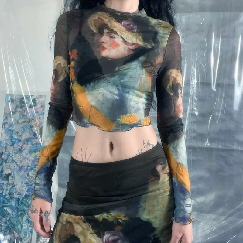 Vintage Graphic Printed Low Waist Long Skirt Y2K Aesthetic 2000s Skirt Set Women Goth Cyberpunk Retro Long Sleeve T-Shirt Top