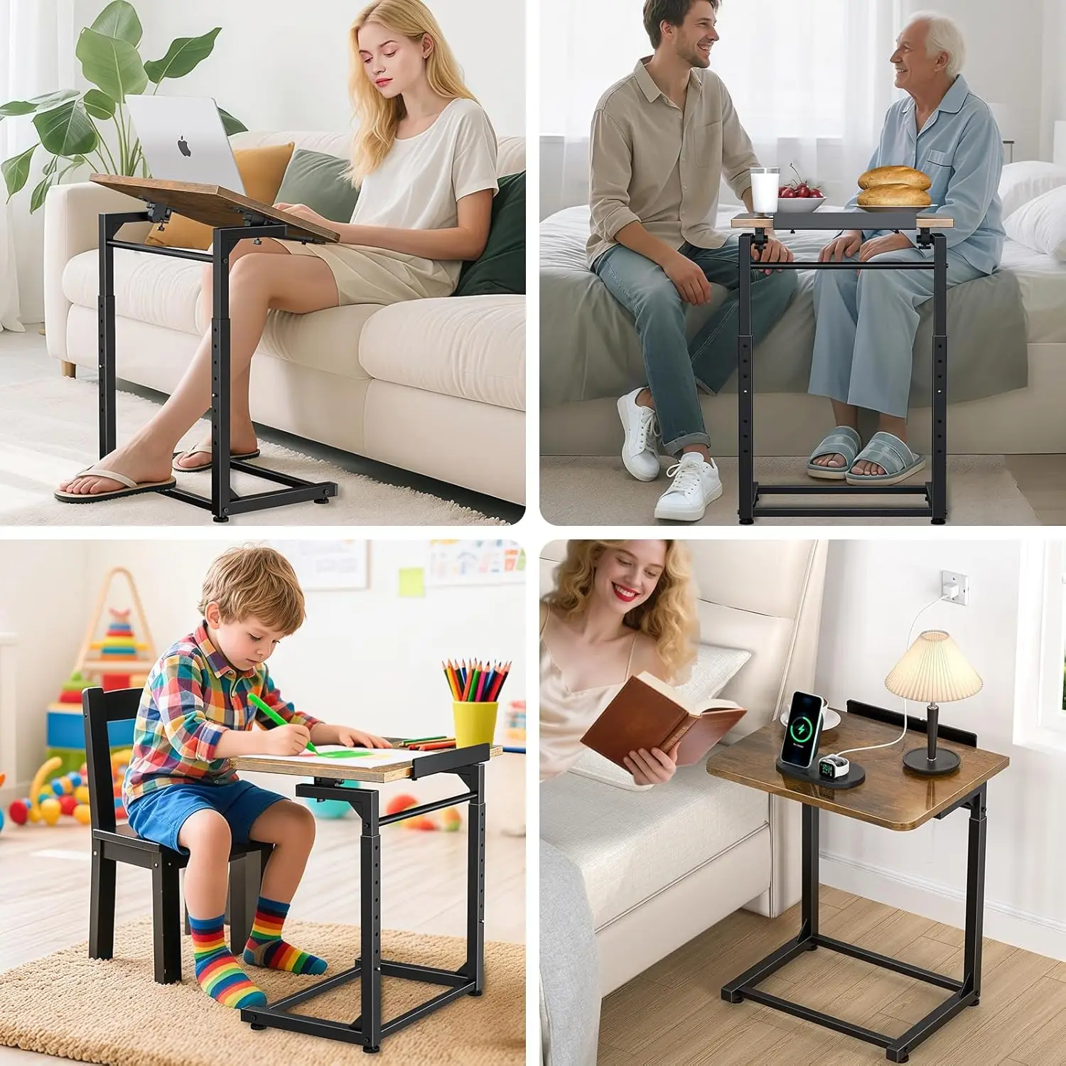 Tv Tray Table, 8-Level Adjustable Height Couch Side Table，90° Tilt Angle Adjustments C-Shaped End Table, with Phone & Table
