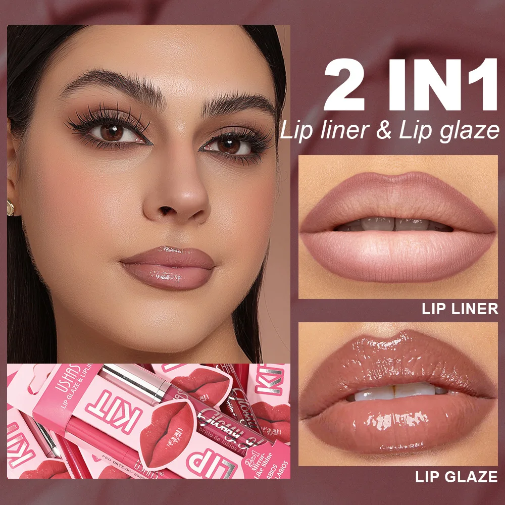 2In1 Lipstick Set Makeup Lip Glize & Lip Linze Lasting Cosmetics Nude Brown Contour Lipliner Water Mirror Moisturizing Lipgloss